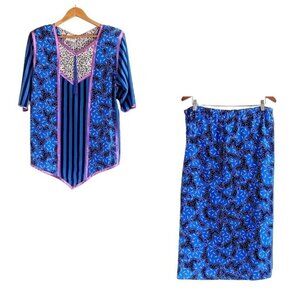 Vintage Maggie Shepherd Made in Australia Blue Tunic Top & Maxi Skirt